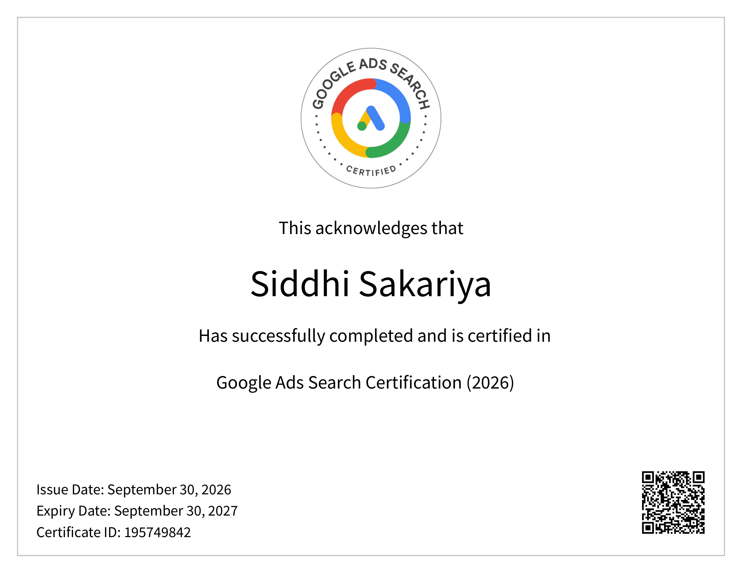 Google Ads Search Certification for Siddhi Sakariya