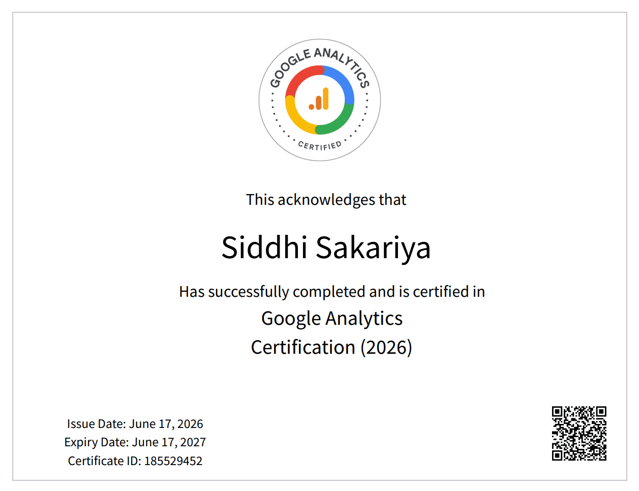 Google Analytics Certification for Siddhi Sakariya