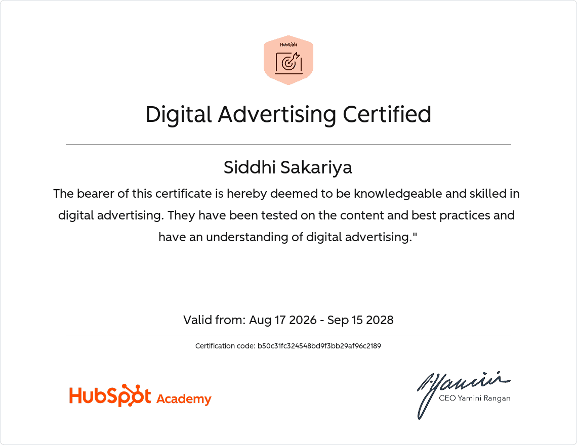 HubSpot Digital Advertising certification for Siddhi Sakariya