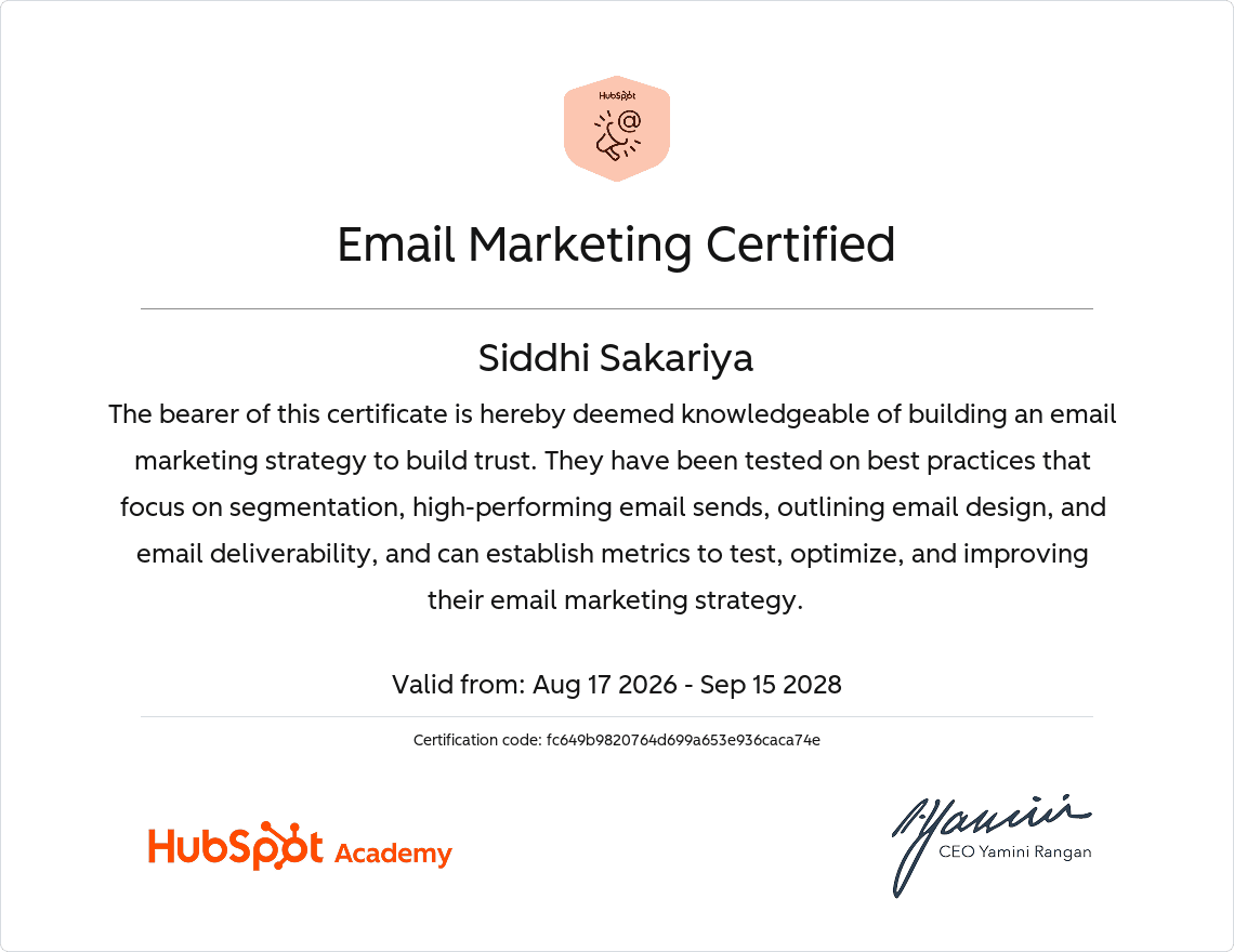 HubSpot Email Marketing certification for Siddhi Sakariya
