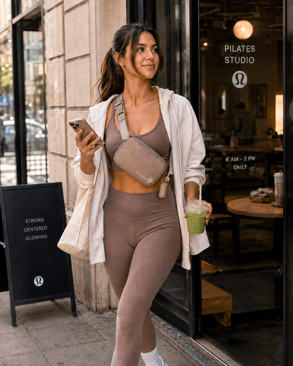 Ritual Optimizer leaving a Pilates studio with the Afterglow Belt Bag