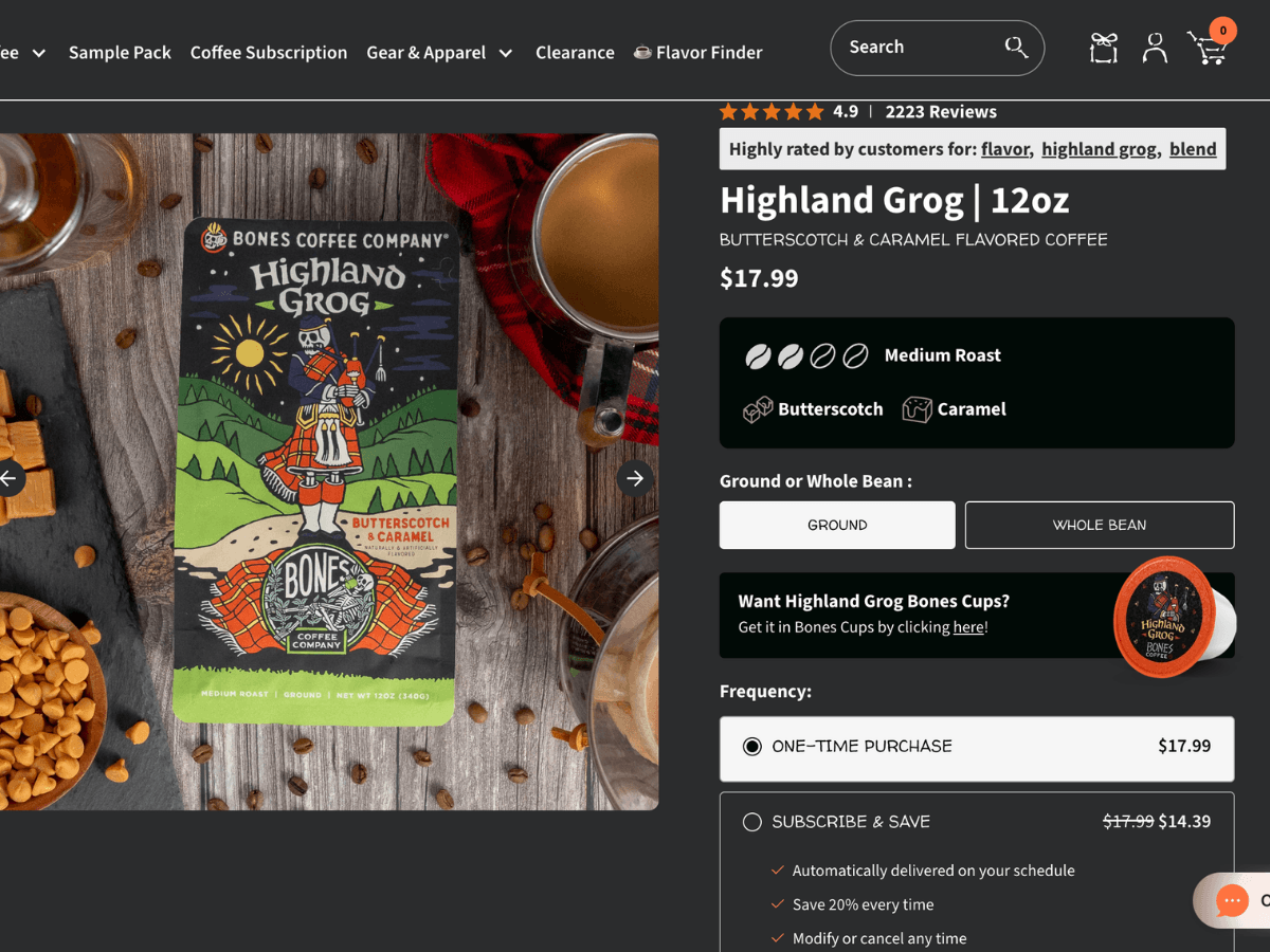 Bones Coffee product and add-to-cart customer journey evidence